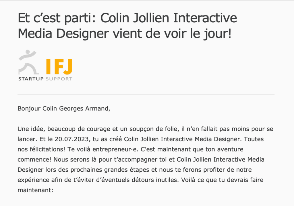 Lettre officielle IFJ Startup Support félicitant Colin Jollien pour la création de son entreprise Interactive Media Designer à Lausanne