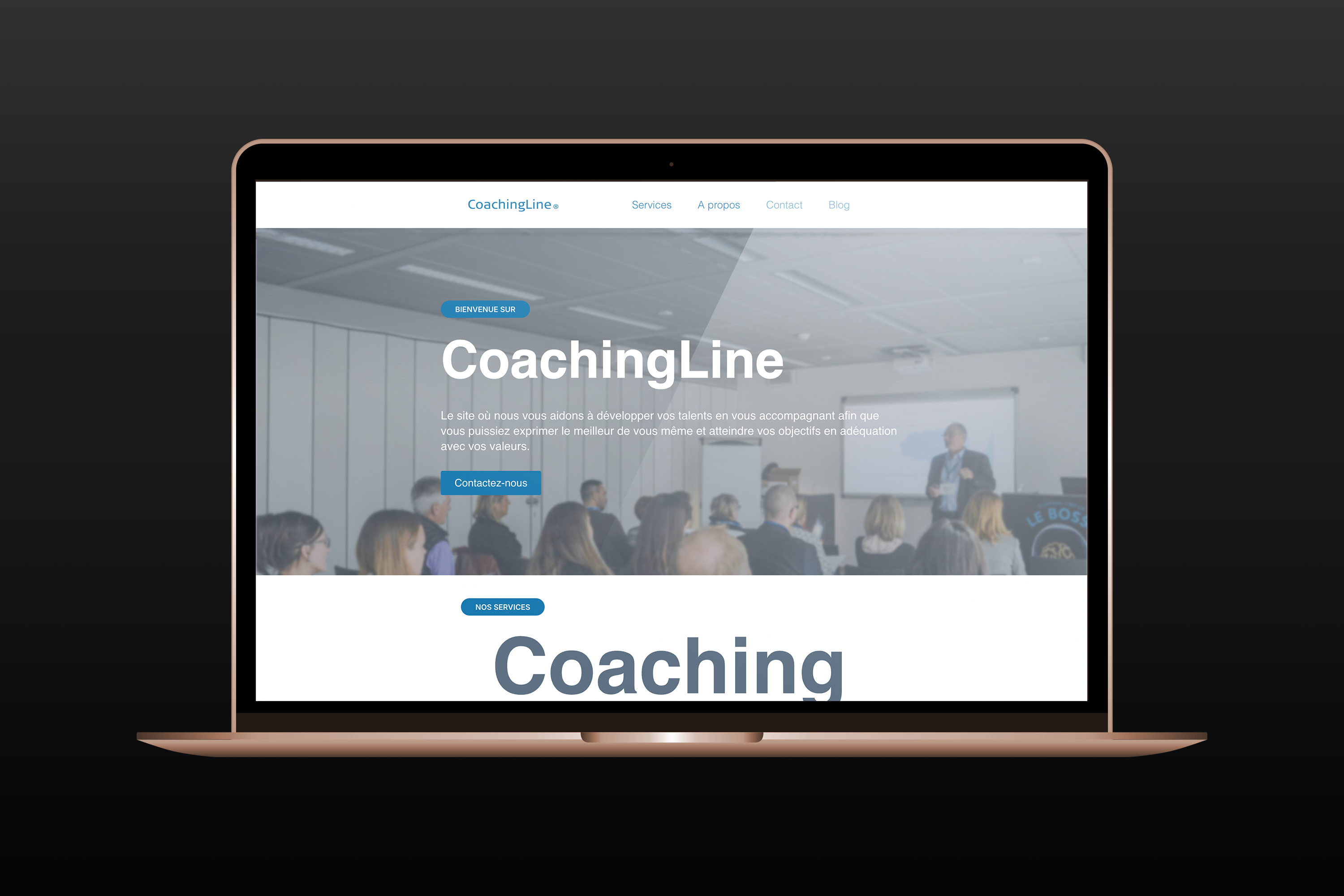 Interface desktop du site web CoachingLine, exemple de création web design professionnel pour PME et entrepreneurs vaudois